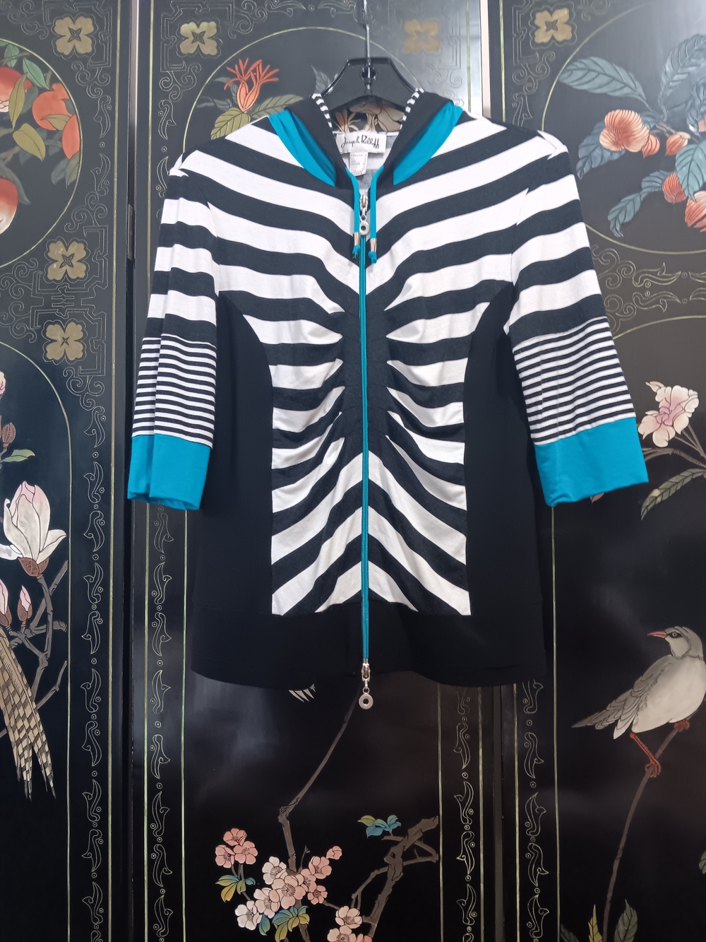 Joseph Ribkoff Striped Zip Hoodie with Teal Accents - Picture 4 of 5